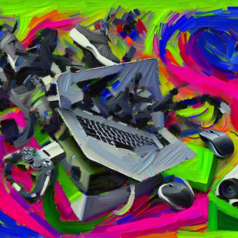 Abstracte afbeelding van een laptop omringd door levendige, chaotische kleuren, met daarbij een tas en een muis, die het idee van extra toevoegingen symboliseert.