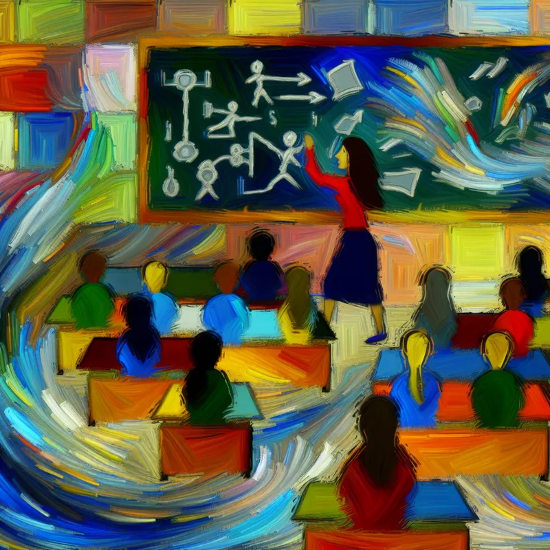 Abstracte afbeelding van een leraar die studenten in een klas begeleidt, met kleurrijke krijtborden vol schetsen en diagrammen.