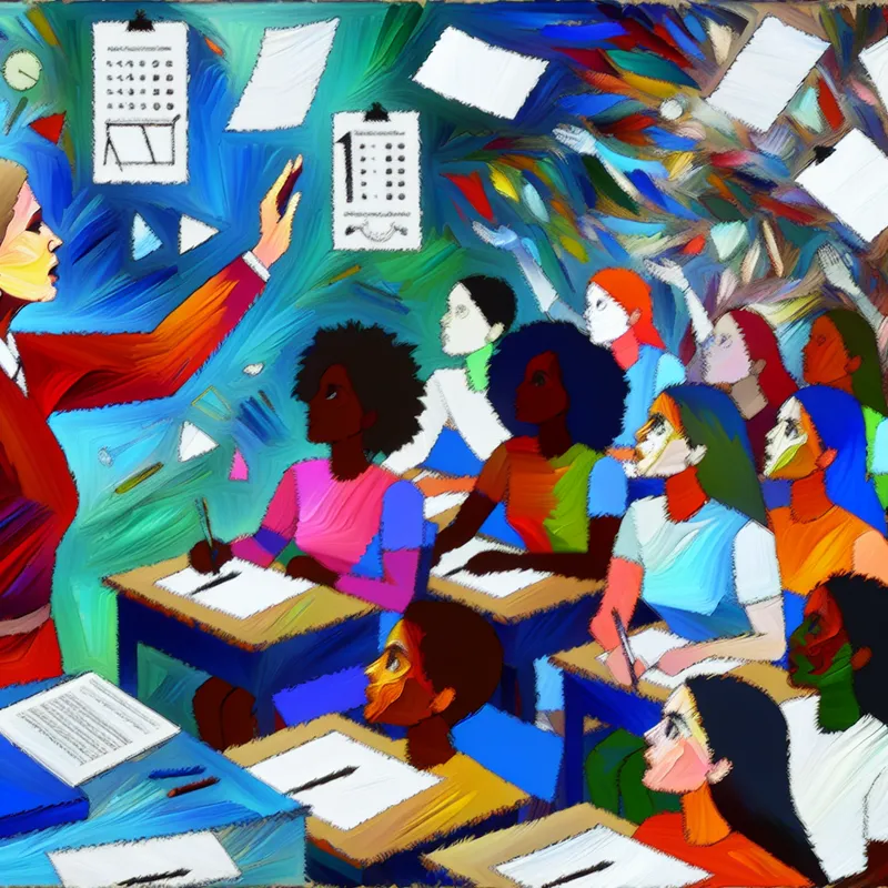 Een abstracte afbeelding van een leraar die enthousiast uitleg geeft aan een diverse groep studenten in een levendige klaslokaal.