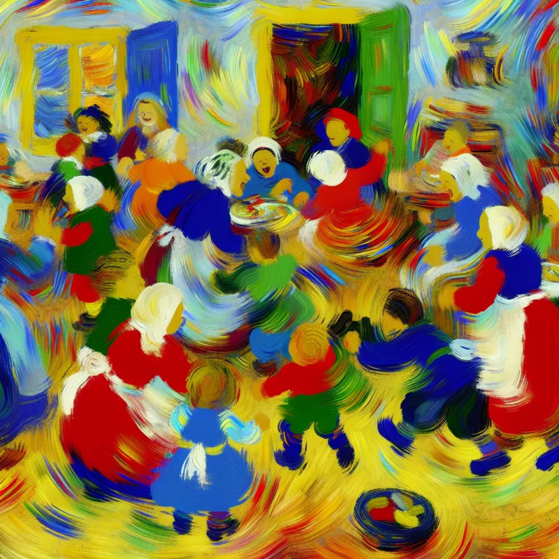 Abstract expressionistisch schilderij van een levendig huishouden met spelende en lachende kinderen, vol energie en beweging