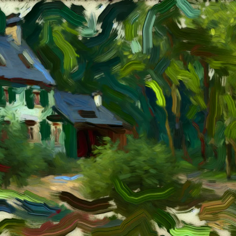 Abstract expressionistisch schilderij van een huis in een weelderig bos, met dynamische penseelstreken en natuurlijke kleuren