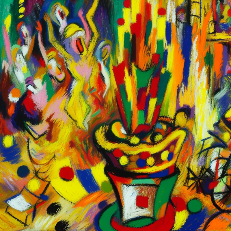 Een abstracte expressionistische schilderij van een levendige loterij scene met een kleurrijk winnend ticket en enthousiaste figuren op de achtergrond.