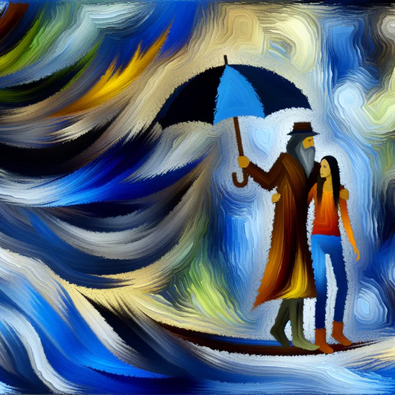 Abstracte afbeelding van een loyaal koppel dat samenstaat in de storm, met een man die een paraplu vasthoudt.