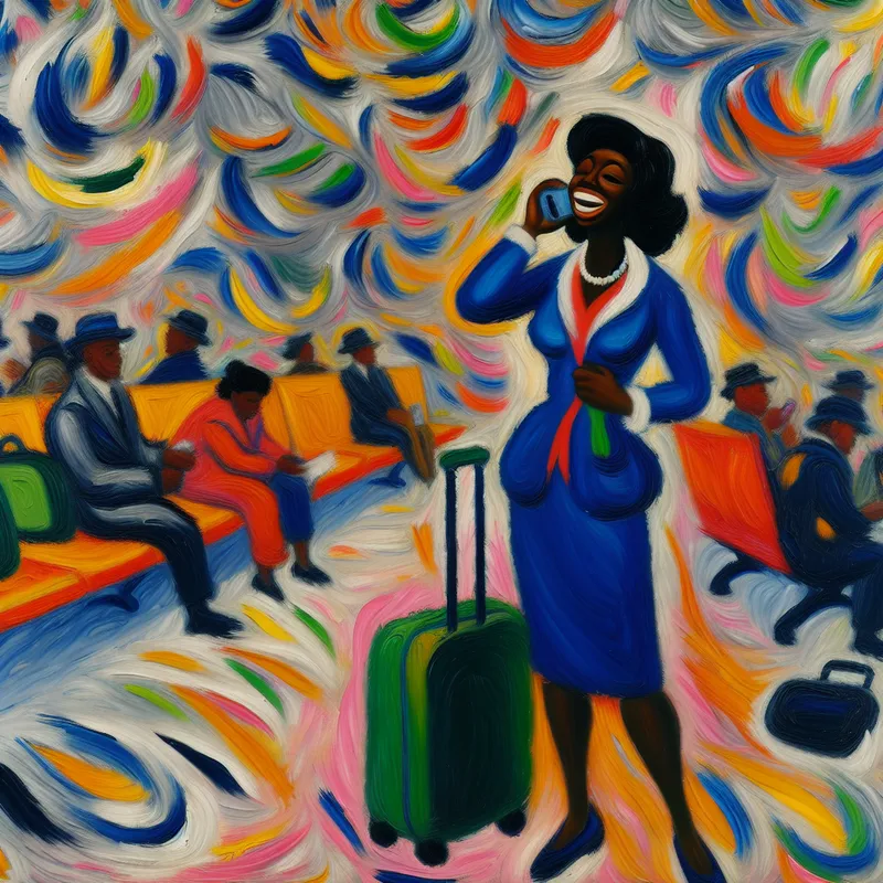 Vrouw in levendig abstract expressionistisch vliegveld, glimlachend met koffer en telefoon, met gekoesterde chaos van kleuren