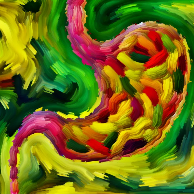 Abstracte voorstelling van een maag met zure kleuren die ongemak uitdrukt, geïnspireerd op Karel Appel, ter illustratie van het effect van iets dat een bepaalde indruk maakt