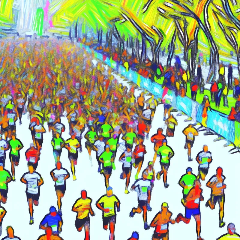 Abstracte expressie van deelnemers aan een liefdadigheid marathon in een druk park met kleurrijke outfits en indrukwekkende finishlijnen