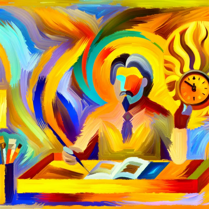 Abstract schilderij van een persoon aan het werk in een gebalanceerde omgeving, met warme kleuren en vloeiende vormen die werk-privébalans symboliseren