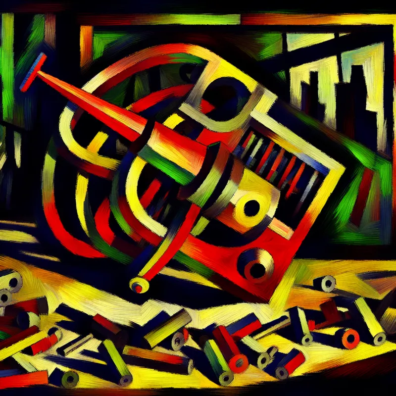 Abstracte voorstelling van een mechanische pin in het midden van een chaotische scène met verspreide machineonderdelen, met levendige kleuren.