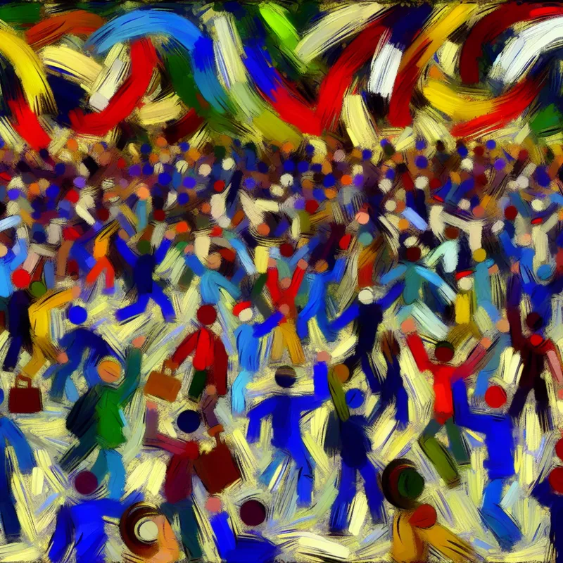 Abstracte scène met chaotische, kleurrijke menigte in stijl van Willem de Kooning