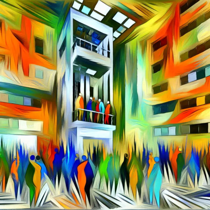 Abstracte weergave van mensen die een lift gebruiken in een modern gebouw, met levendige penseelstreken die beweging en energie symboliseren.