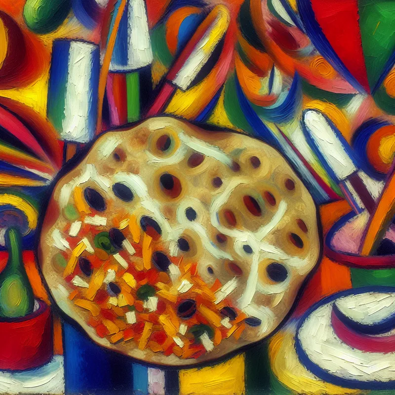 Abstracte expressie van een kleurrijke Mexicaanse keuken met een grote tortilla op de voorgrond en chaotische ingrediënten zoals bonen en kaas eromheen