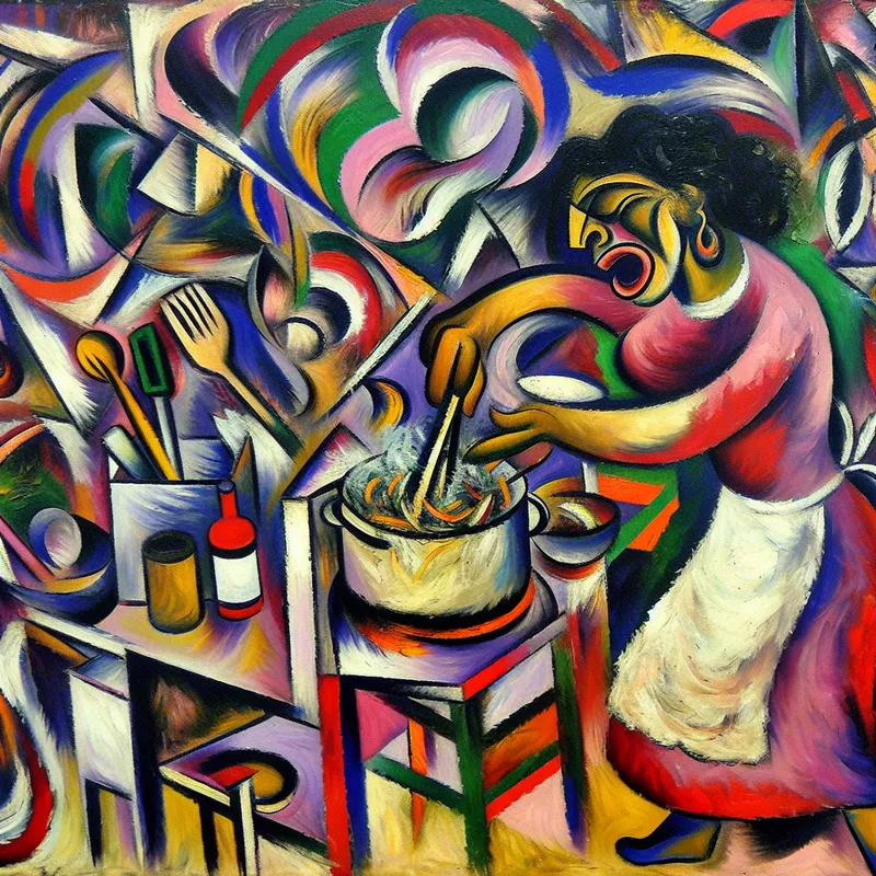 Abstract expressionistisch schilderij van een moeder die pasta kookt in een warme keuken, met levendige kleuren en dynamische penseelstreken