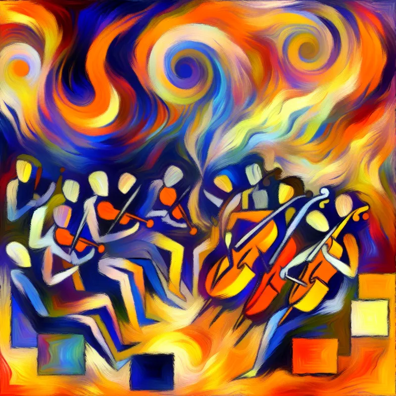 Abstract expressionistisch tafereel met energieke muzikanten die instrumenten bespelen in een levendige concertzaal, met felle kleuren en dynamische penseelstreken.