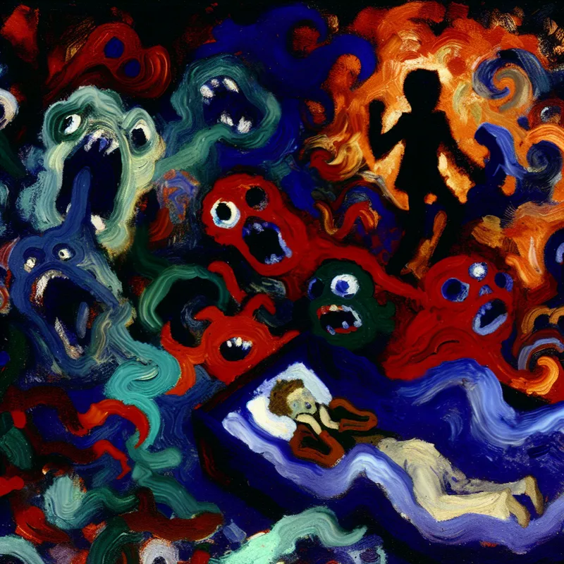 Abstracte afbeelding van een nachtmerrie met vervormde monsters, een angstige figuur en heldere kleuren.