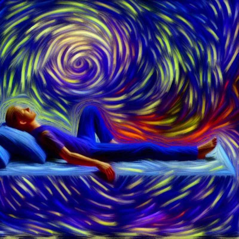 Abstracte voorstelling van een persoon die vredig slaapt te midden van chaotische kleuren die geluidsstoringen representeren.