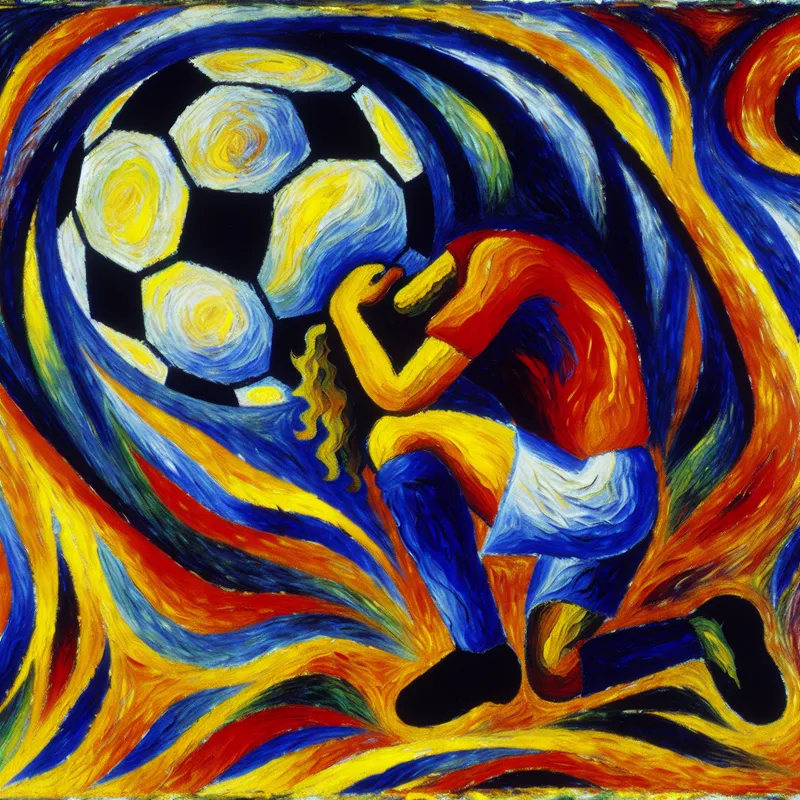 Abstract schilderij van een teleurgestelde voetballer na een nederlaag, met felle kleuren en expressieve penseelstreken in de stijl van Karel Appel