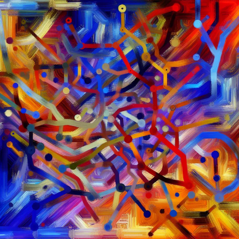 Abstracte compositie met een kleurrijk netwerk van verbindingen, symboliserend samenwerking en structuur