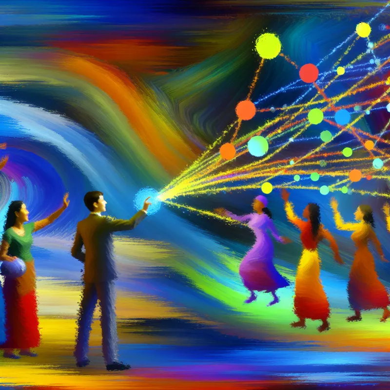 Abstracte voorstelling van een levendig netwerkscène met diverse mensen in interactie