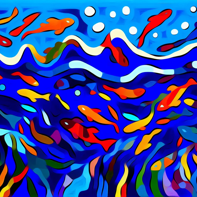 Abstracte voorstelling van de oceaan met levendige blauwe zee en kleurrijke zeeleven zoals vissen en koralen.