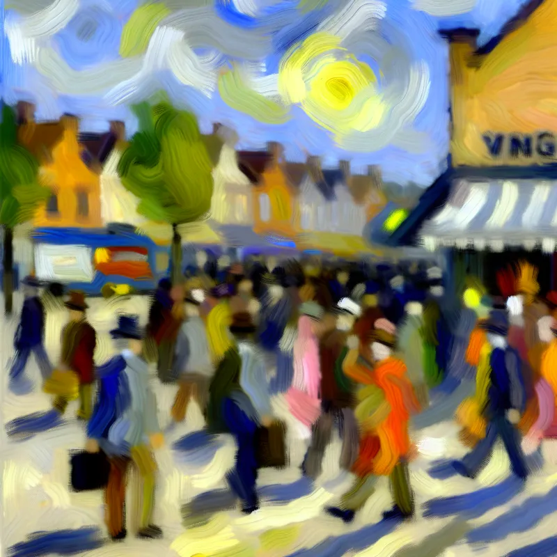 Abstracte expressionistische schildering van een drukke straat in de ochtend met felle kleuren en chaotische penseelstreken.