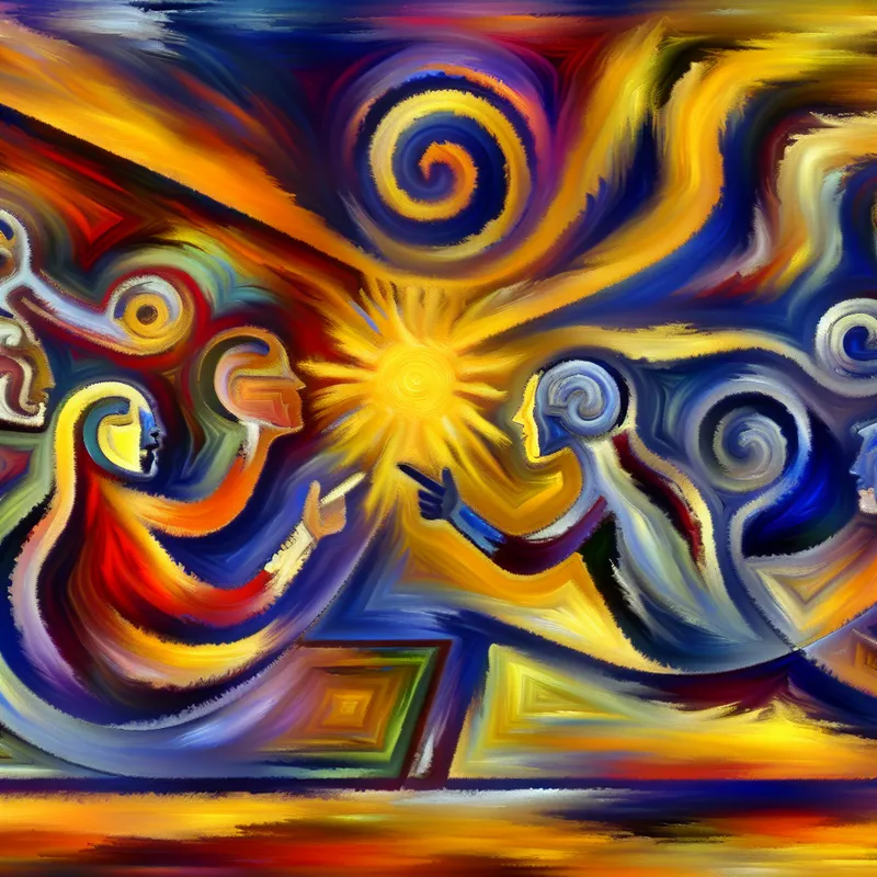 Abstract afbeelding van twee figuren die actief onderhandelen met levendige kleuren, symboliserend een positieve onderhandelingsresultaat.