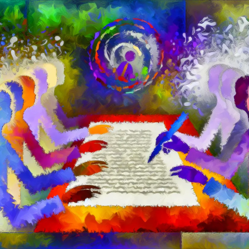 Abstracte voorstelling van een ondertekeningsceremonie met twee handen die naar een kleurrijk document reiken