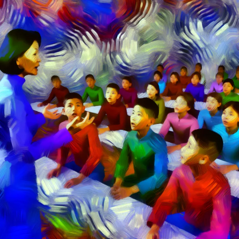 Een abstracte voorstelling van een leraar die belangrijke examennieuws deelt met geïnteresseerd ogende studenten in een levendige klaslokaal.