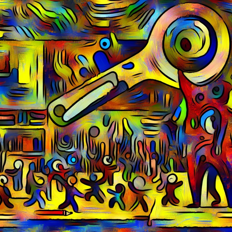 Abstracte voorstelling van een onderwijsinspecteur in een kleurrijke schoolomgeving, geïnspireerd op de stijl van Karel Appel