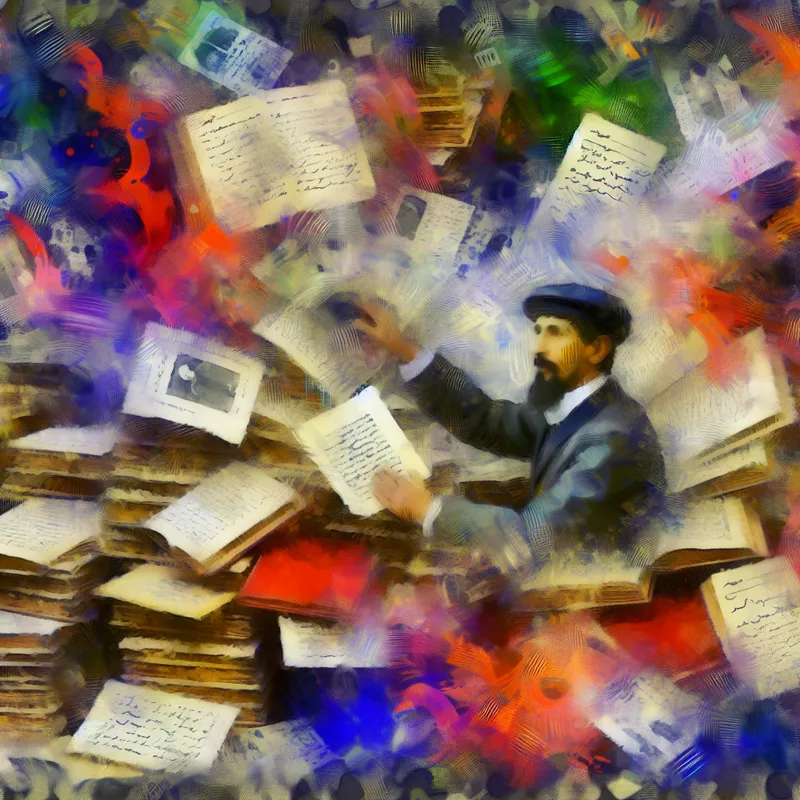 Abstract kunstwerk van een onderzoeker tussen historische documenten en oude boeken