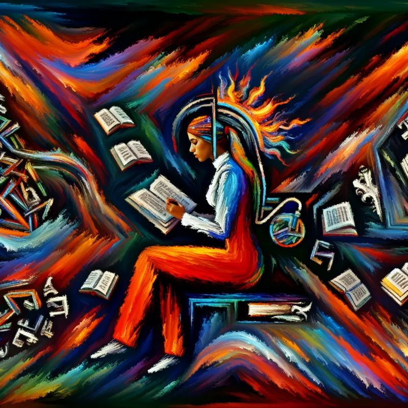 Abstract beeld van oorzaak en gevolg met een student die studeert, omringd door kleurrijke en expressieve elementen die kennis en ideëen symboliseren.