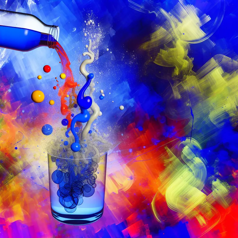 Abstracte voorstelling van een oplossing: heldere vloeistof met kleurrijk oplossend poeder in dynamische beweging, geïnspireerd op Karel Appel
