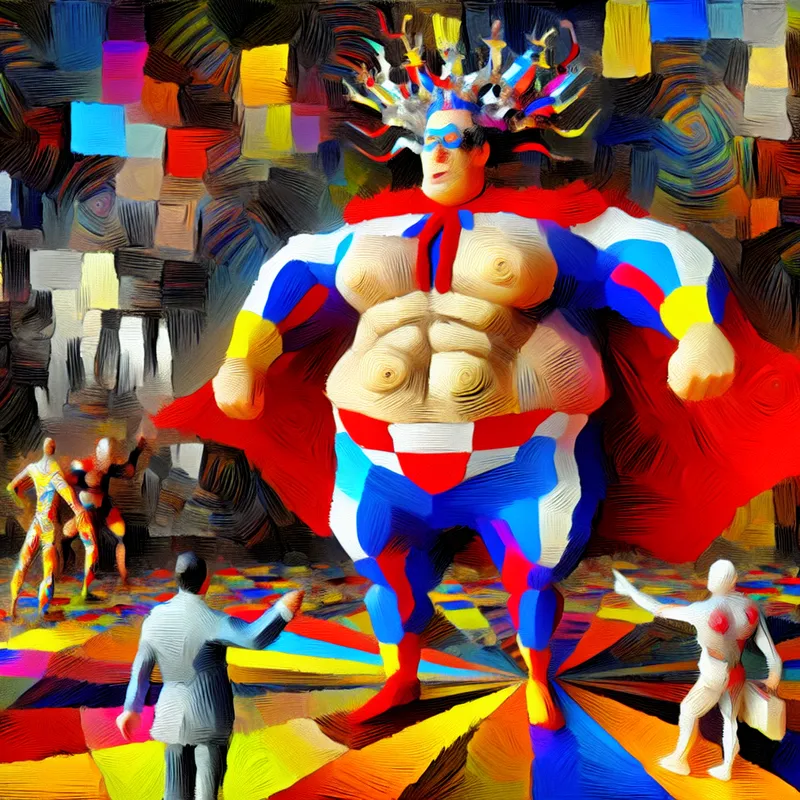 Abstract expressionistisch schilderij van een opschepperige figuur met een belachelijk grote superheldencape, omringd door spottende omstanders