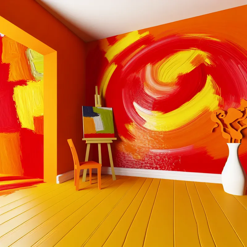 Abstracte compositie met levendige oranje tinten in een interieur, weerspiegeld in energie en creativiteit.