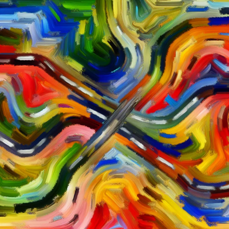 Abstract expressionistisch schilderij met kleurrijke paden die leiden naar verschillende vakantiebestemmingen