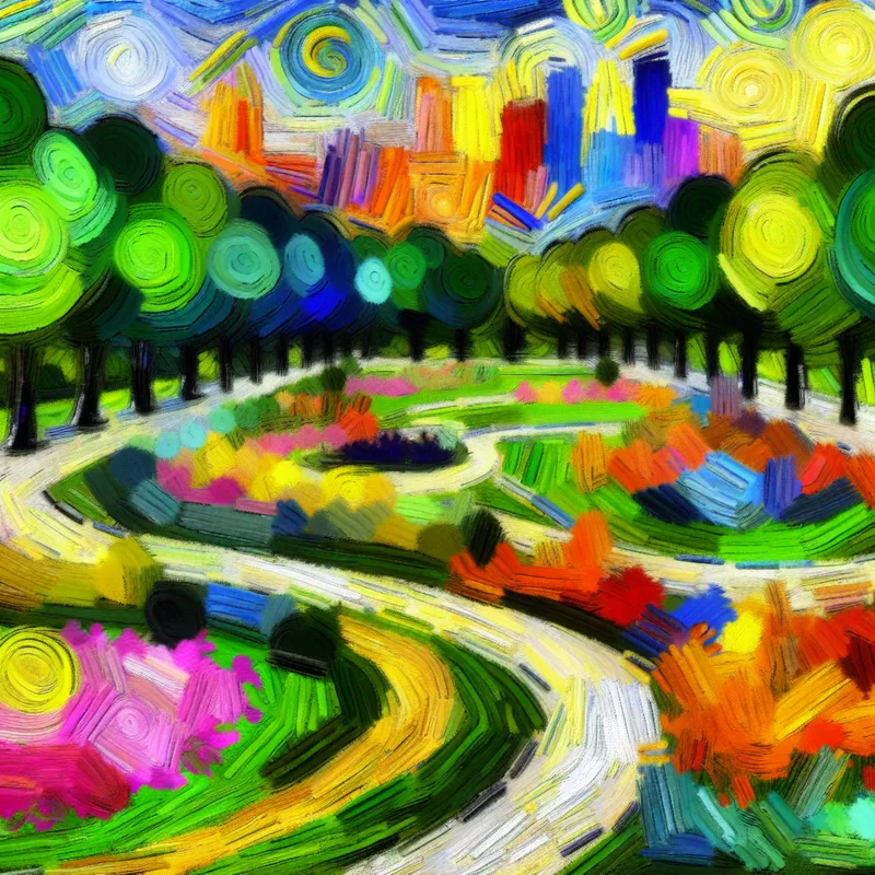 Een abstracte en kleurrijke afbeelding van een kronkelig pad in een park met levendige bomen en bloemen, leidend naar een abstracte stadsskyline.