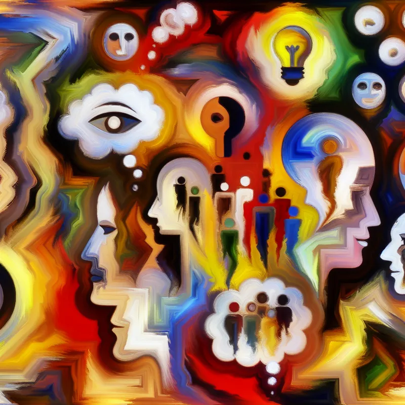 Abstract schilderij van diverse figuren met kleurrijke gedachtebubbels die verschillende percepties en indrukken weergeven, geïnspireerd op Karel Appel