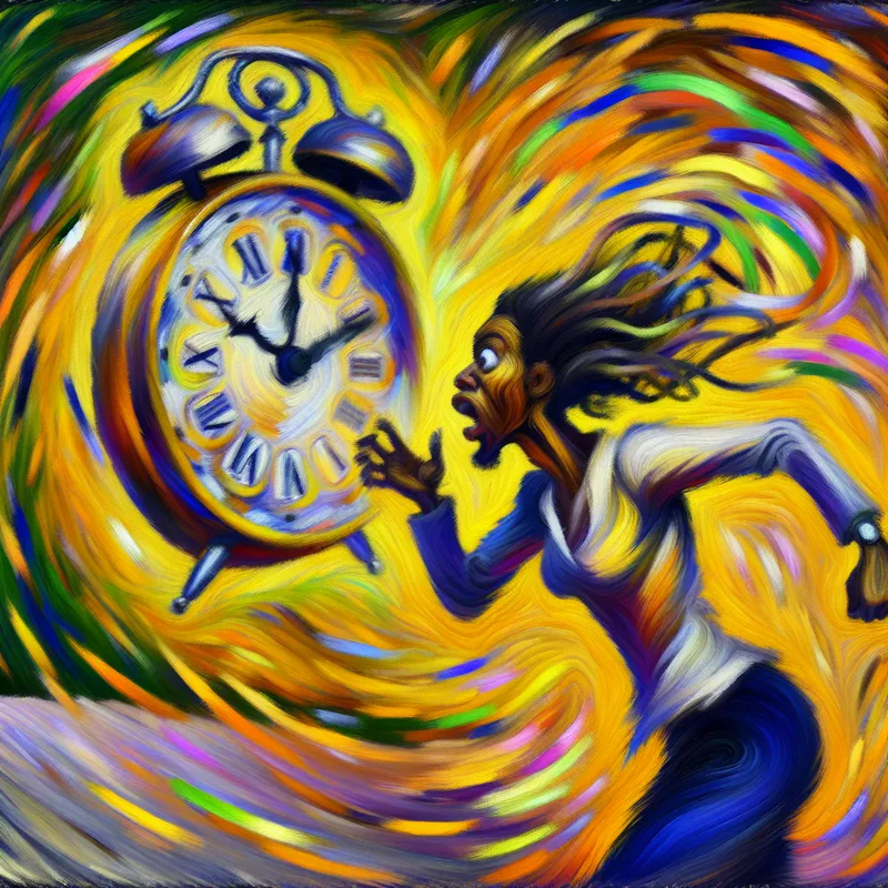 Abstracte uitdrukking van een persoon die naar zijn horloge kijkt met een surrealistisch klokkensymbool