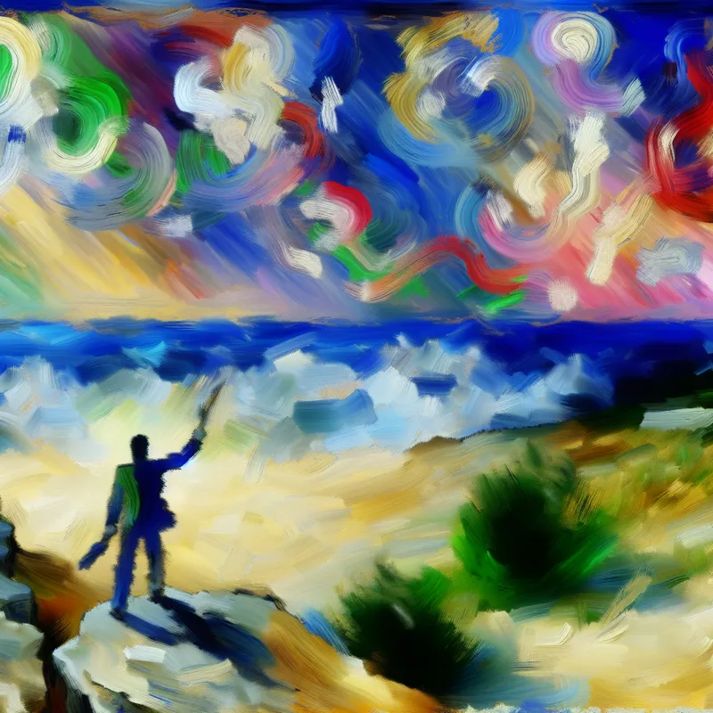 Abstracte uitdrukking van een persoon die op een klif staat en naar de horizon kijkt, met een uitgestrekte arm gericht op dromen.