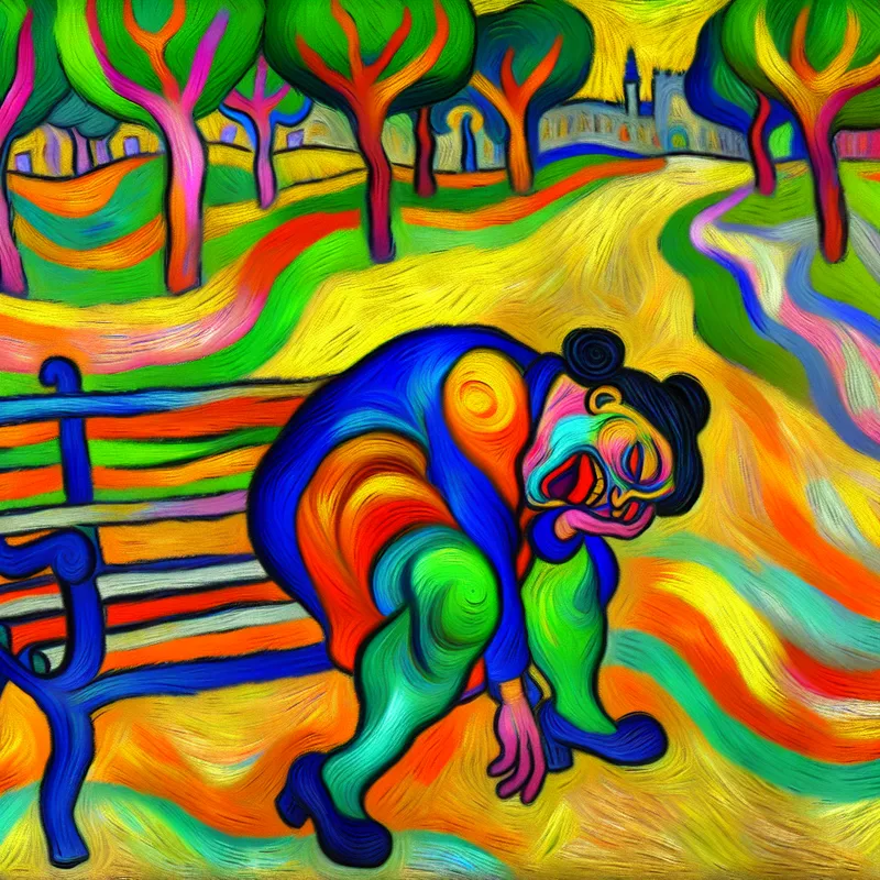 Een abstracte afbeelding van een vermoeide persoon die op een parkbank zit, omringd door kleurrijke, golvende vormen die vermoeidheid uitdrukken.