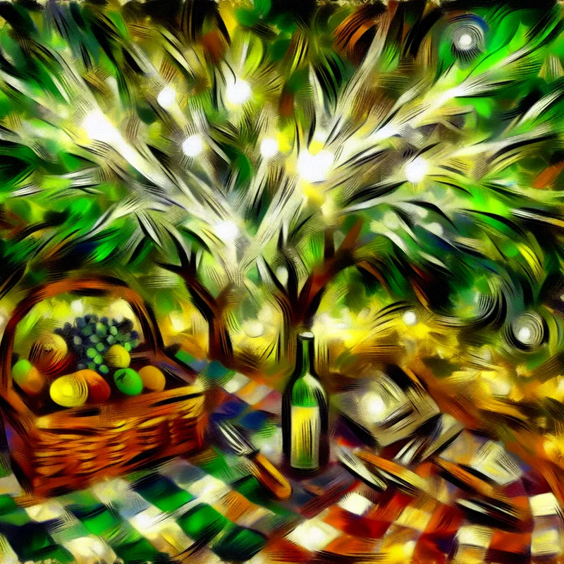 Abstracte weergave van een serene picknick onder een dichte boomkruin met kleurrijke penseelstreken.