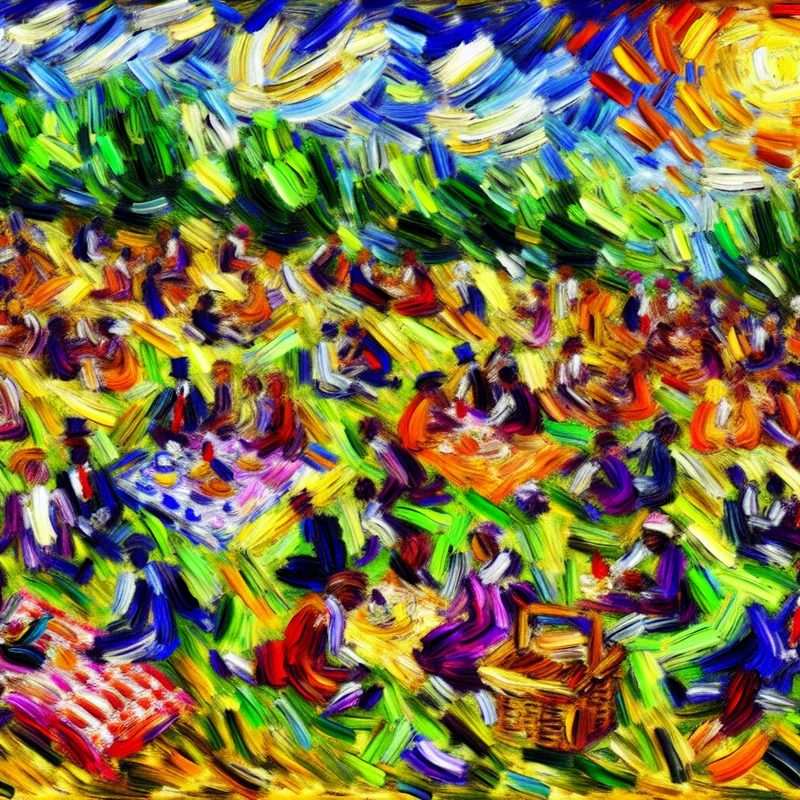 Abstracte weergave van een picknickscène met vrolijke kleuren onder een zonnige lucht