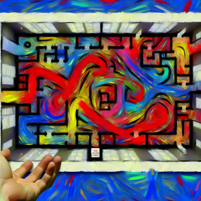 Abstract expressionistische plattegrond van een museum met dynamische penseelstreken en felle kleuren, vastgehouden door een hand