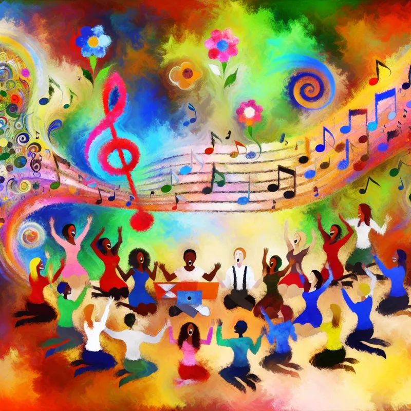 Een kleurrijke en abstracte afbeelding van een diverse groep mensen die zingend rond een grote bladmuziek staan, met muzikale noten die veranderen in bloemen.