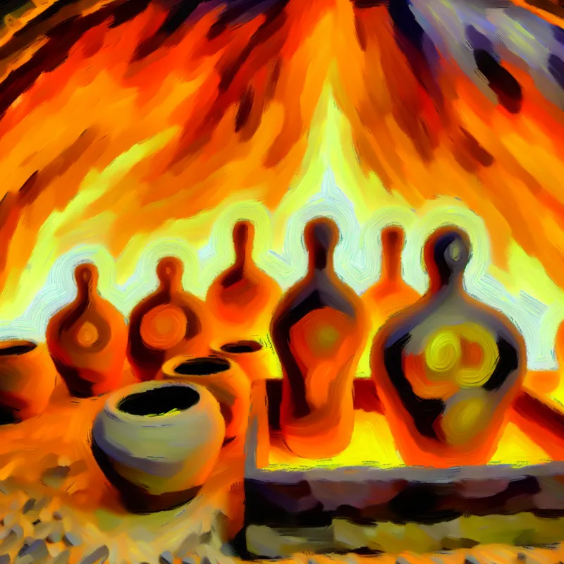 Abstracte compositie van kleurrijke potten in een hoge temperatuur oven