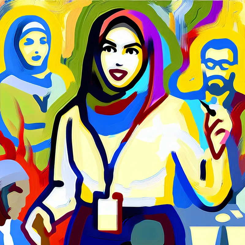 Een abstracte en kleurrijke voorstelling van een persoon die vol vertrouwen presenteert in een vergadering, omringd door abstracte representaties van geïnteresseerde collega's.