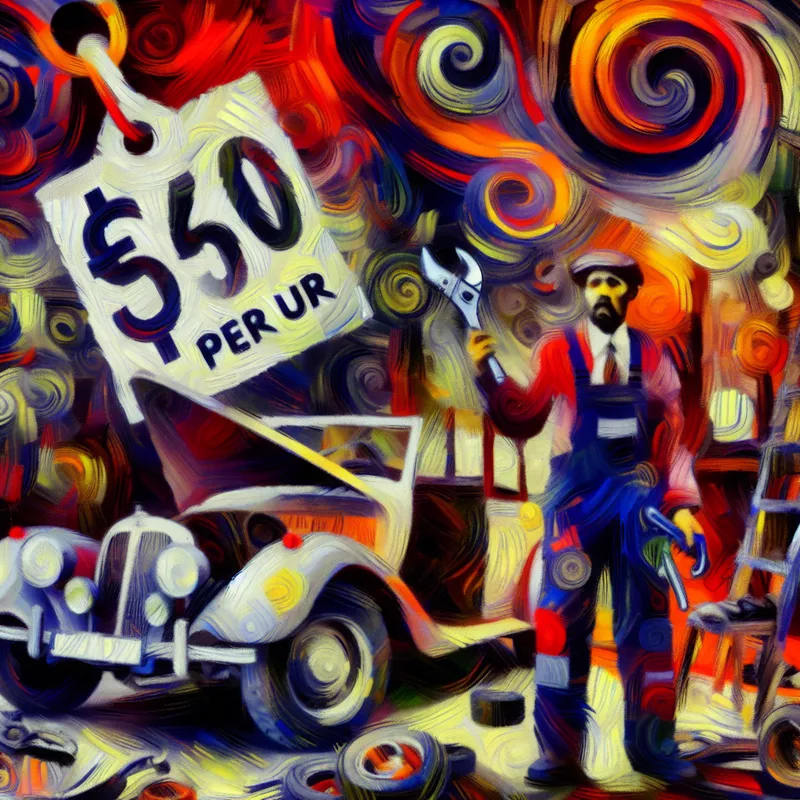 Abstract expressionistisch schilderij van een monteur in een garage met een zwevende prijs van 50 euro per uur, dynamische penseelstreken en levendige kleuren