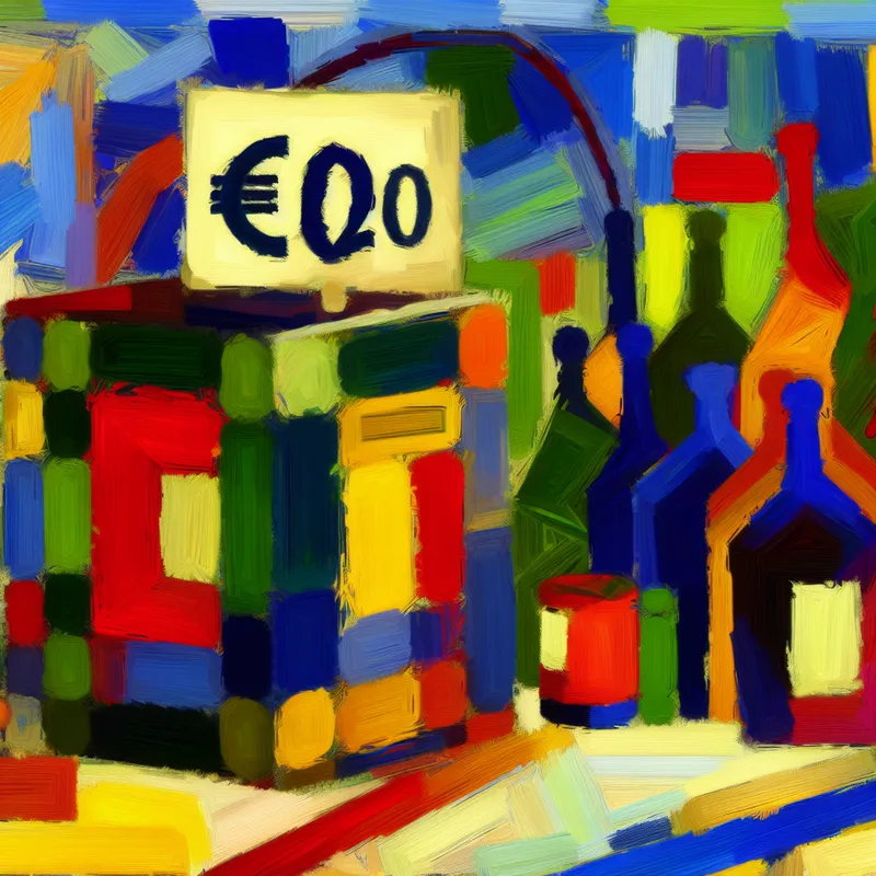 Abstracte marktscène met een opvallend boek met prijslabel van €20, geschilderd in expressieve stijl met felle kleuren en dikke penseelstreken