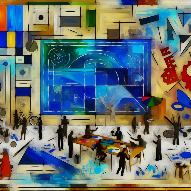 Abstract kleurrijke scène met een blauwdruk en mensen die aan projectuitvoering werken