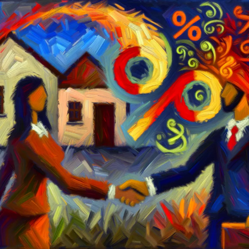 Abstract expressionistisch schilderij van een vastgoedmakelaar en klant die een hand geven met een groot percentage (5%) als symbool voor provisie