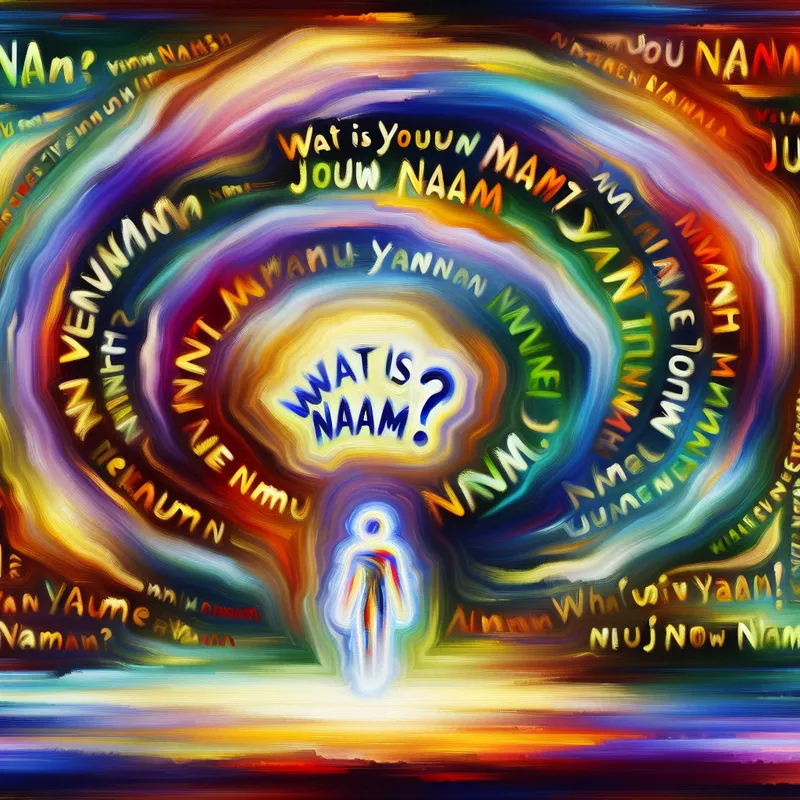 Abstracte afbeelding van identificatie met verschillende kleurrijke namen die in een dynamisch patroon rondzwemmen, met een figuur in het midden en een aura van licht.